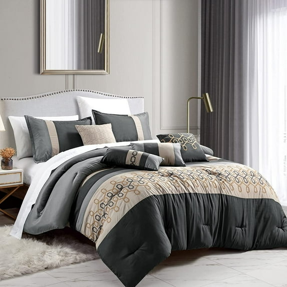 Sapphire Home Luxury 7 Piece Full/Queen Comforter Set with Shams Cushions, Modern Bright Elegant Artistic Geometrical Shapes in Gray,Black Taupe Print, Bed Cover Bed in a Bag22165V, Queen