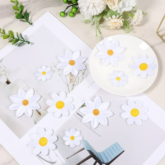 27Pcs Flowers Iron On Patches Decorative White Daisy Iron On Patches Polyester Sew On Daisy Applique for Clothes Jacket Hat