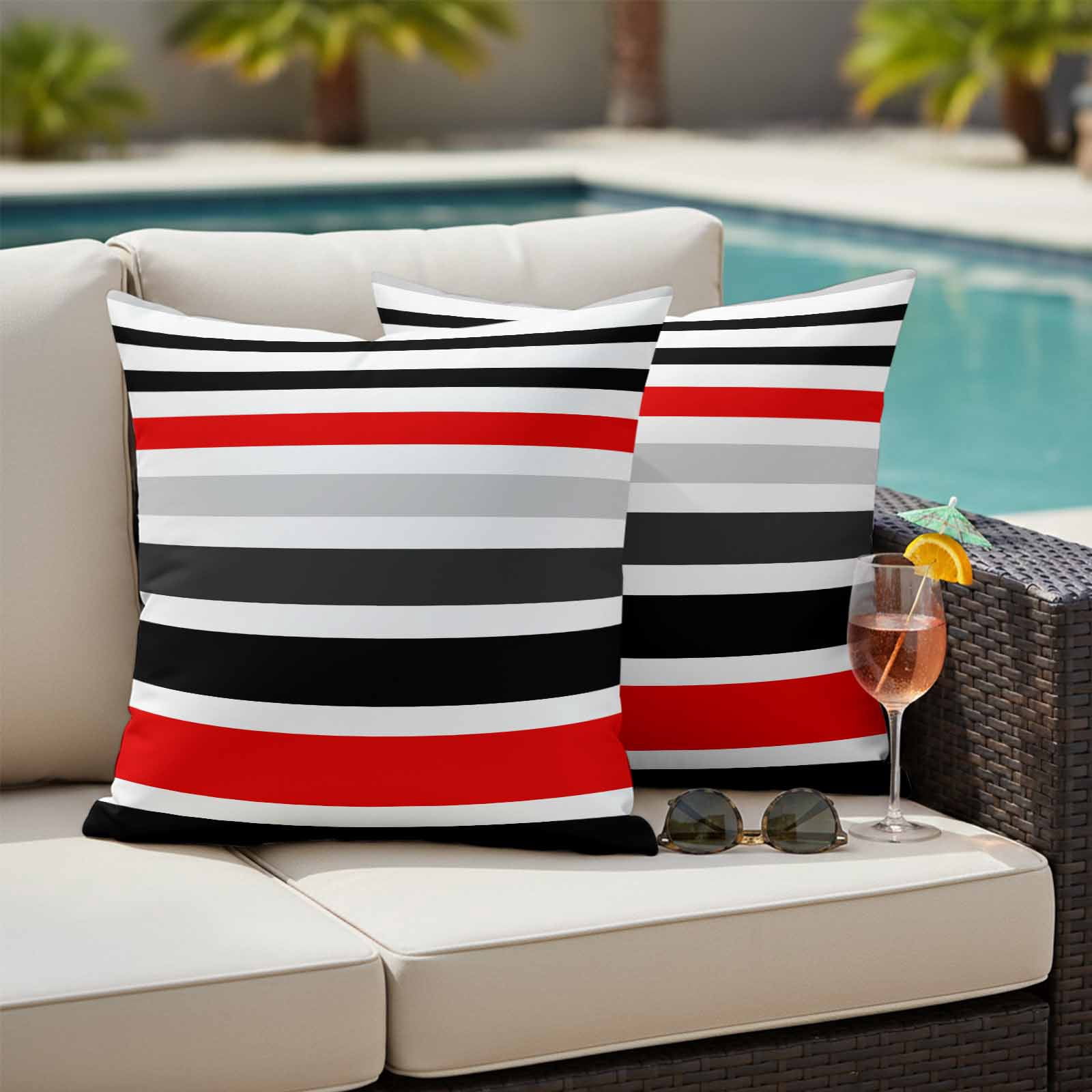 Red Black Stripe Outdoor Waterproof Pillow Covers, Modern Abstract Coarse Striped Decorative Square Throw Pillowcase Sofa Cushion Sham for Patio/Couch/Chair, 18"x18" 2 Pack