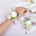 thumbnail image 3 of Juego de 2 ramilletes de muñeca y ramilletes de rosas hechos a mano para dama de honor y novio, pulsera de seda con flores artificiales de rosas blancas para ceremonia de boda, fiesta de graduación, 3 of 8