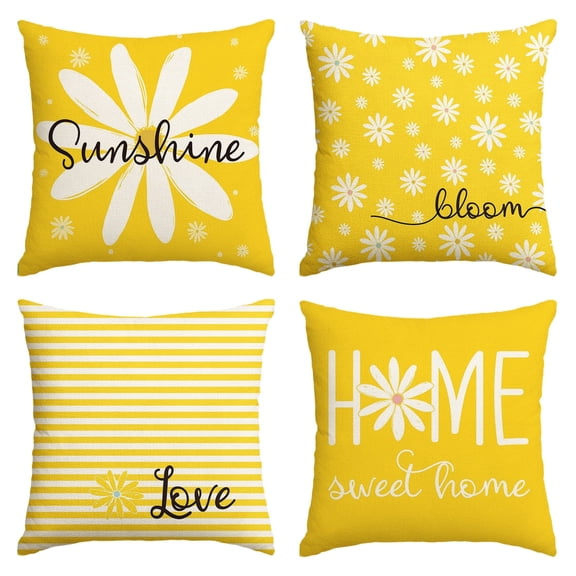 Sm:)e Sweet Home Sunshine Daisy Floral Yellow Pillow Covers Set of 4, 18x18 Inch, Polyester, Striped