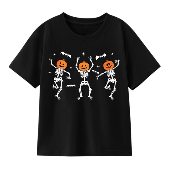 Boys' Halloween Pumpkin Skeleton Graphic T-Shirt, Dancing Bones Bat 100% Cotton Short Sleeve Shirt