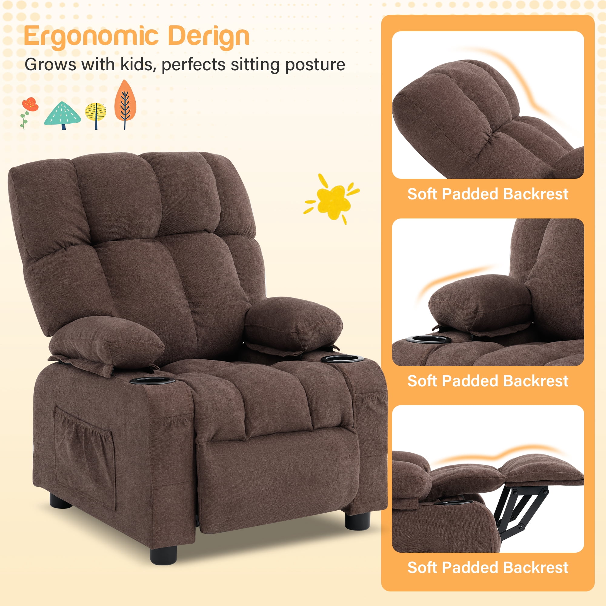 JONPONY Kids Recliner Chair,Push Back Toddler Recliner with Cup Holders & Side Pockets，Adjustable Footrest & Headrest Kids Sofa for Boys Girls 3+ Age Group，Children's Bedroom Furniture ，Brown