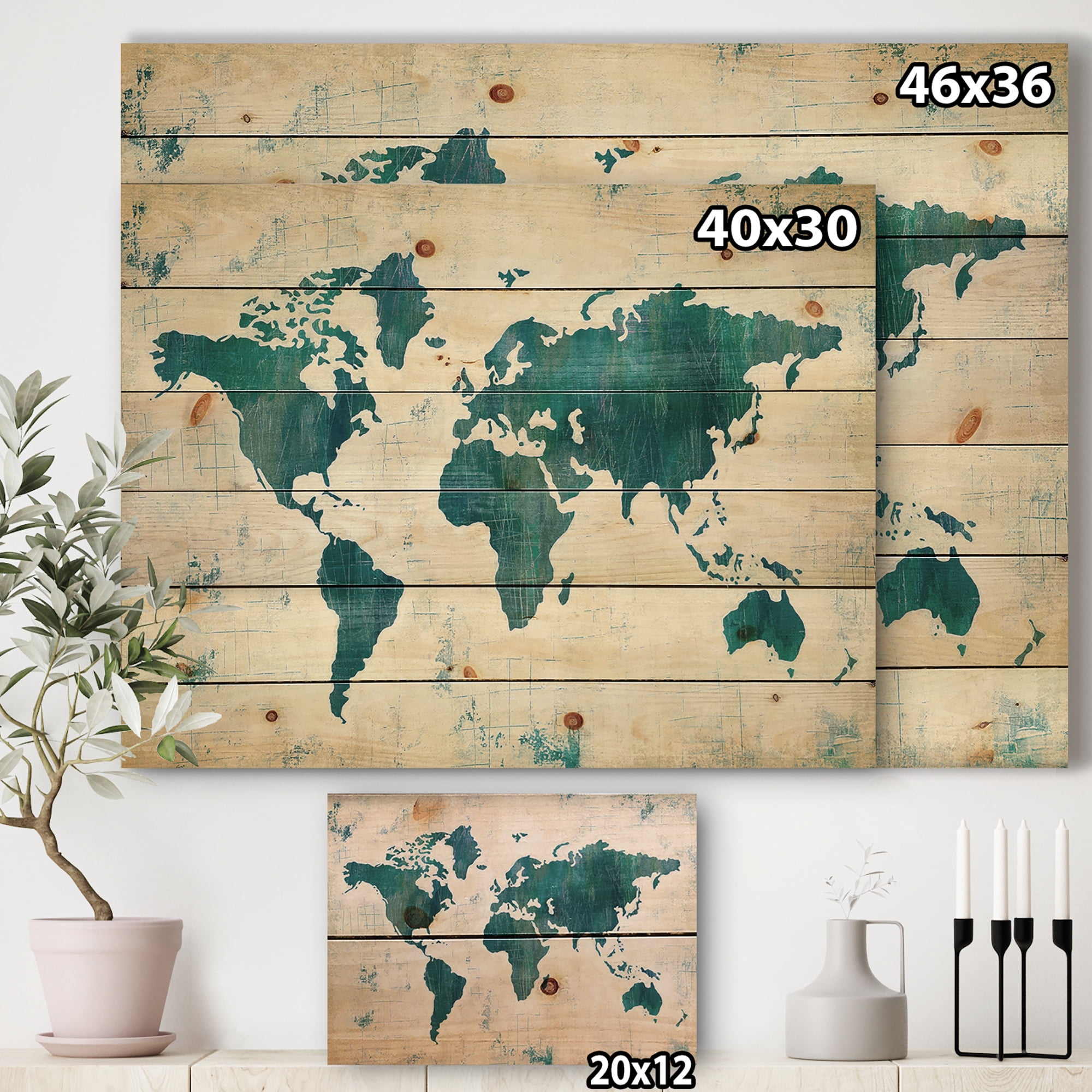 Designart 'Discover the World Map in Blue' Traditional Print on Natural Pine Wood