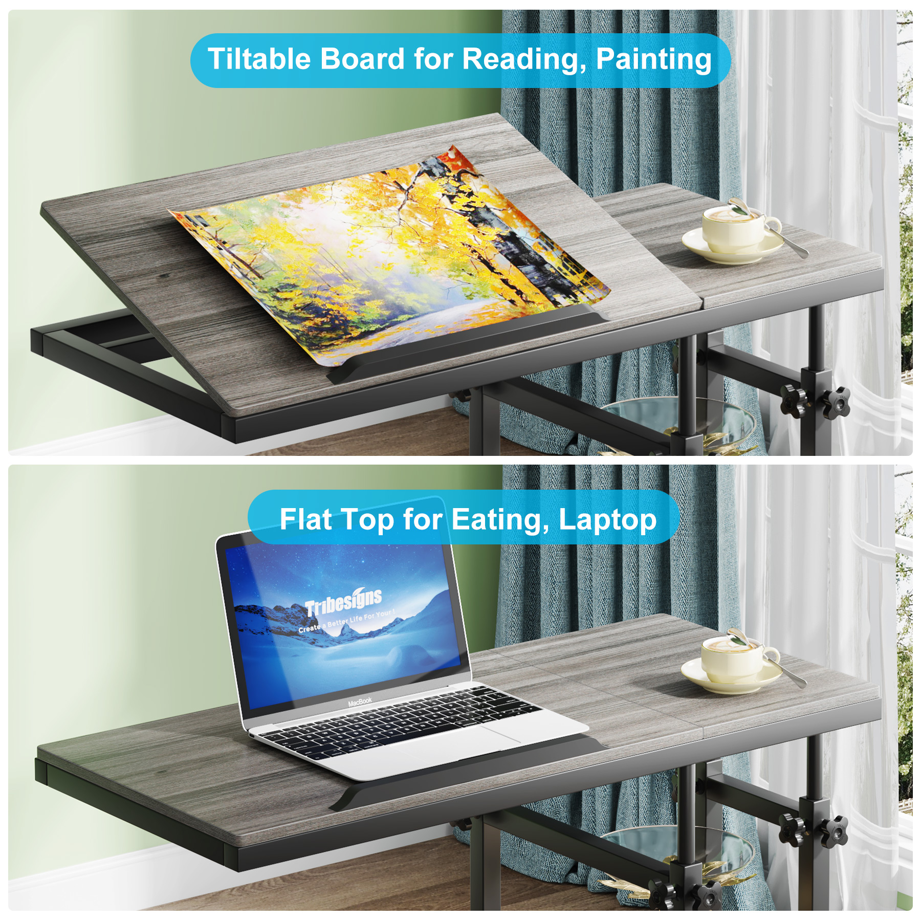 Fnova Mobile Side Table with Wheels, Snack Tray, Height-Adjustable C-Shape Desk, Tiltable Drawing Board, Laptop Stand, Storage Shelves for Living Room, Bedside Table for Couch