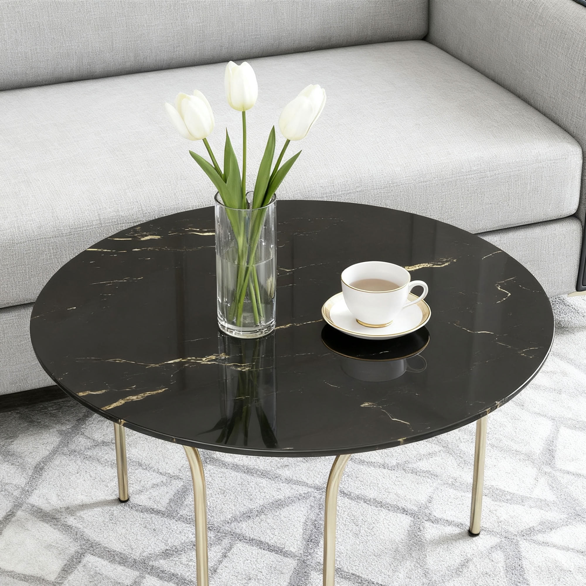 MAYEERTY 20in Round Tempered Glass Table Top, 0.31in Thick Black Gold Vein Marble Print DIY Replacement Table Cover, Heat Scratch Proof Desktop for Small Side Coffee Patio Bistro Table