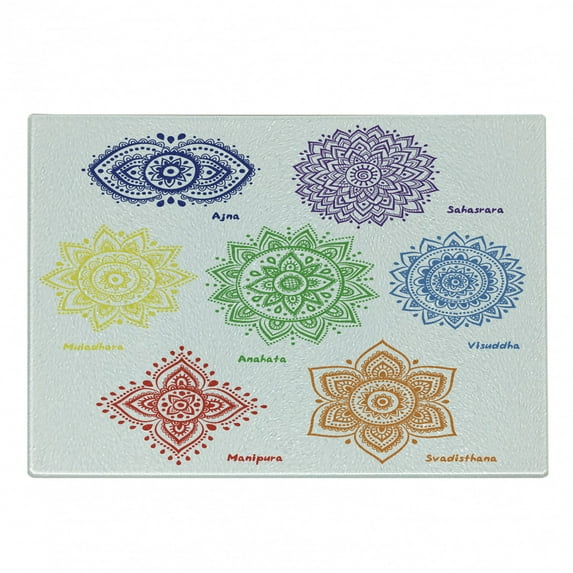 Colorful Cutting Board, Different Colors with Ornate Round Mandala Oriental Style Print, Decorative Tempered Glass Cutting and Serving Board, Small Size, Multicolor, by Ambesonne