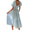 thumbnail image 5 of ZXSXSY Women Plaid Square Neck Elastic Chest Puff Sleeve Open Back Ruffled Midi Dress, 5 of 5