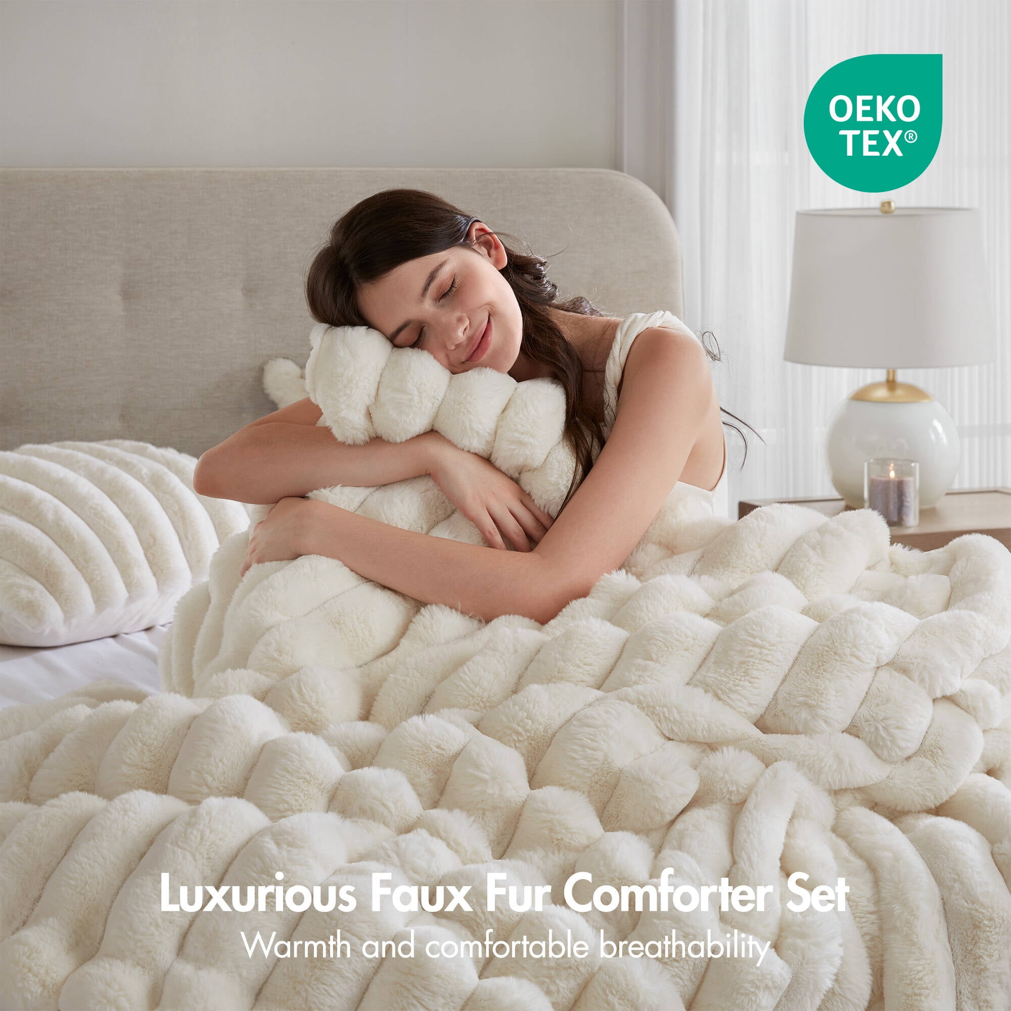 Regency Heights King Size Comforter Sets, Ivory Fluffy Ribbed Plush Bedding Set, 3-Piece Faux Fur Ribbed Bedding Comforter Set