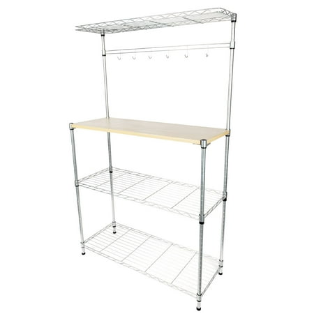 Kitchen Microwave Cart Storage, 4 Tier Heavy Duty Corner Bakers Rack for Oven Pot & Food, Microwave Stand w/ Hooks, Wheels, Cutting Board, Silver Metal Storage Shelves for Kitchen, Office,