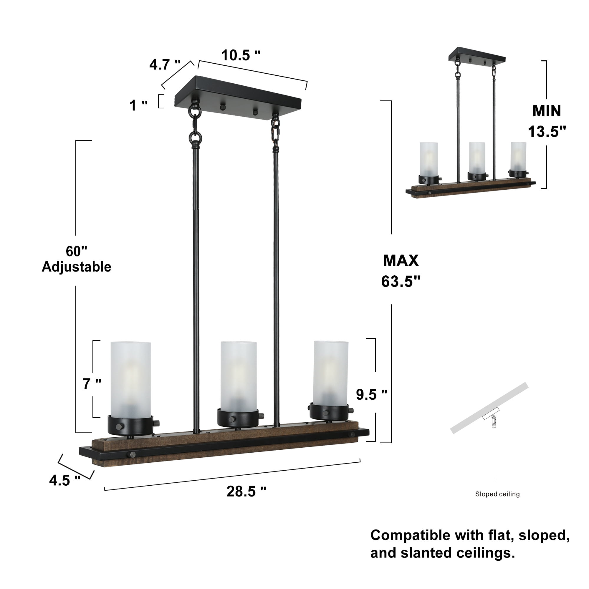 LNC Farmhouse Wood & Black 3-Light Linear Chandelier with Frosted Glass, Adjustable