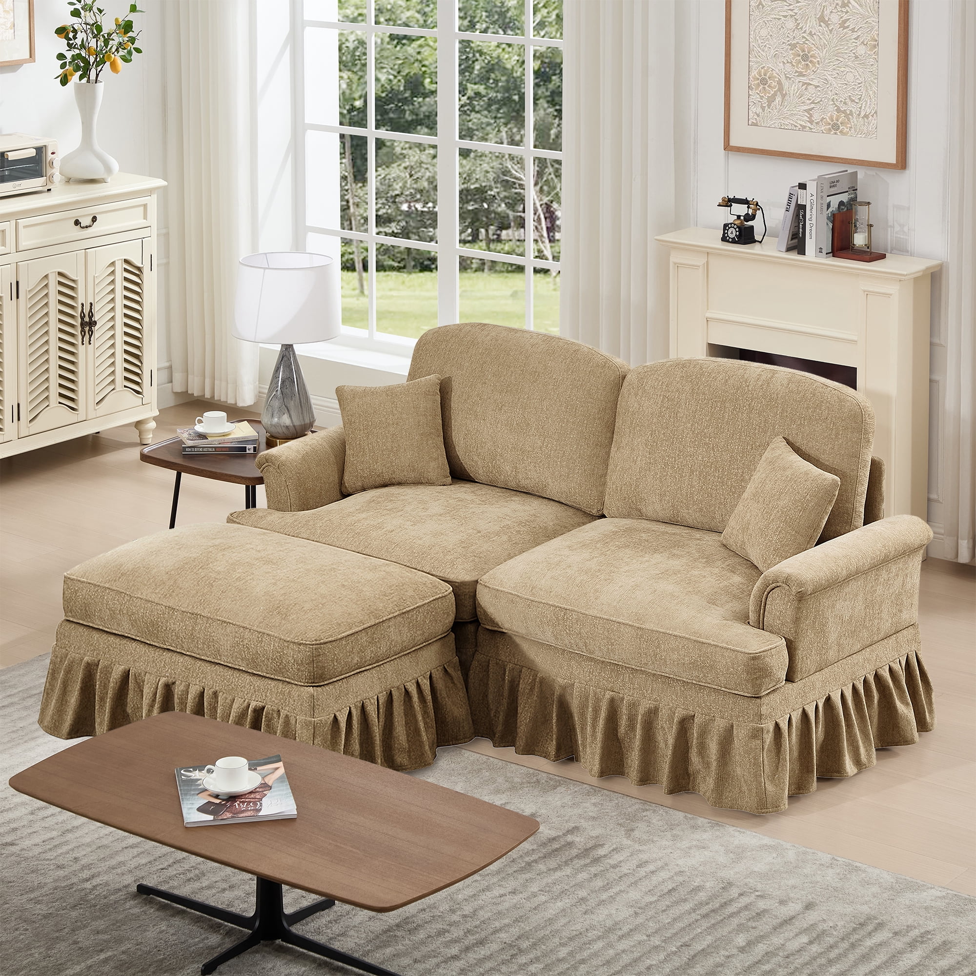 Newest Elegant Large Two Seater Modular L Shaped Sofa Couch, Flared Arms, Removable Ruffles Pleats Skirts, Spindle Legs,Comfy Chenille Loveseat Sofa, Movable Ottoman,Light Coffee