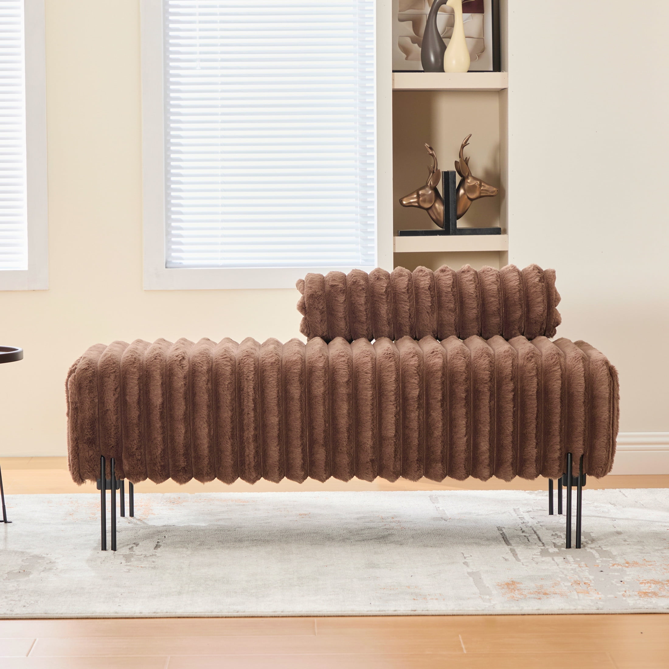 Noble House Fenton 49.6" Faux Fur Mini Loveseat, Adjustable Back Wide Bench with Metal Legs for Small Spaces, Brown