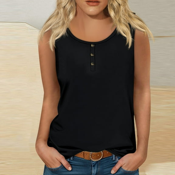 Topvent Women Summer Sleeveless Casual Solid Color O-Neck T-Shirt Tops Blouse