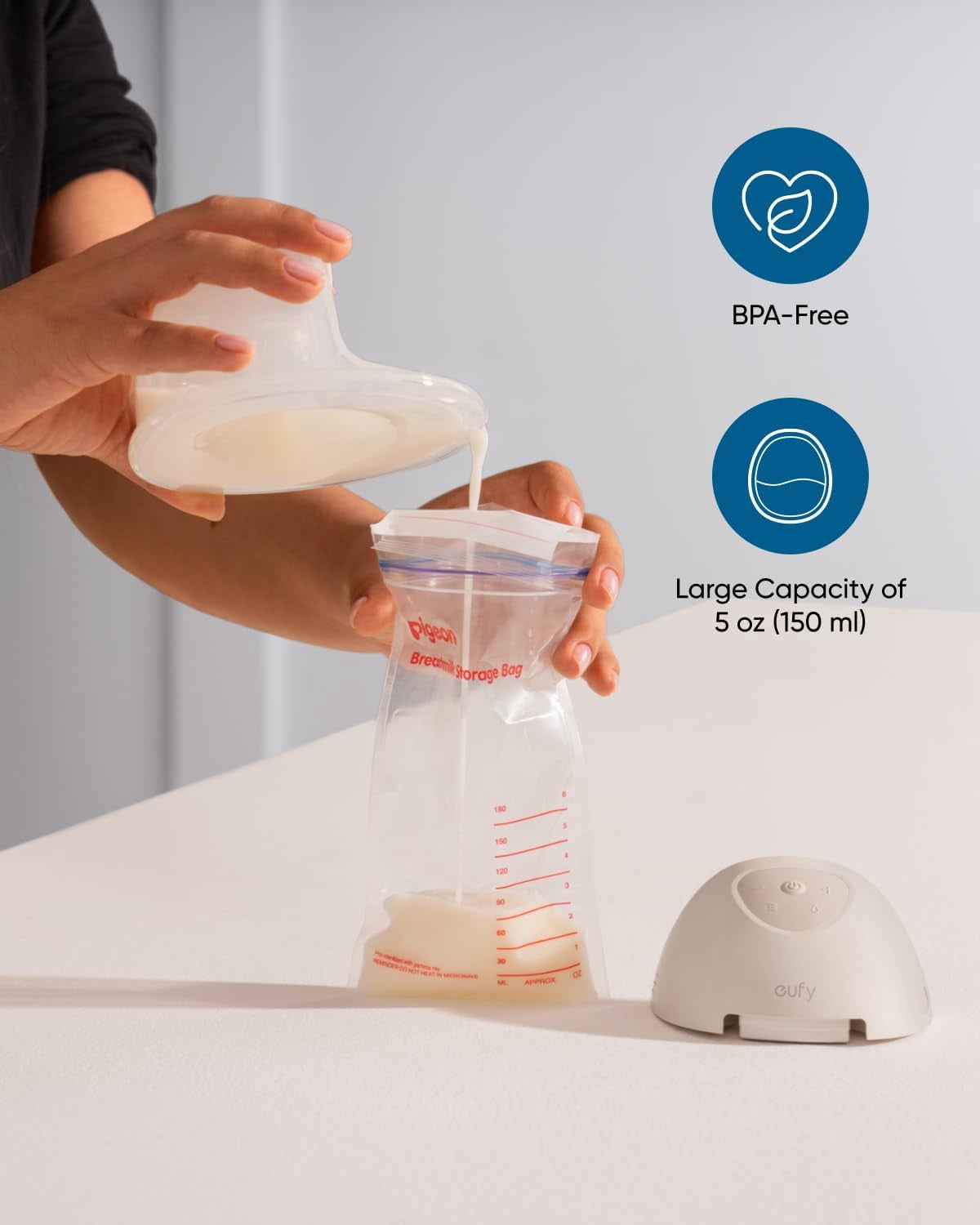 eufy Original Milk Container (2-Pack) for Wearable Breast Pump E10, BPA-Free Reusable Breast Pump Container Collects Up to 5 oz (150 ml) Each, Fridge and Freezer-Safe, Clear