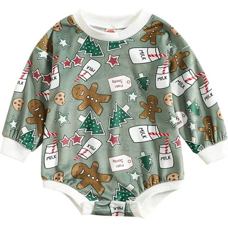 

PIKADINGNIS Newborn Baby Girl Boy Christmas Clothes Biscuits Milk Long Sleeve Sweatshirt Romper Warm Fluffy Bodysuit Jumpsuit
