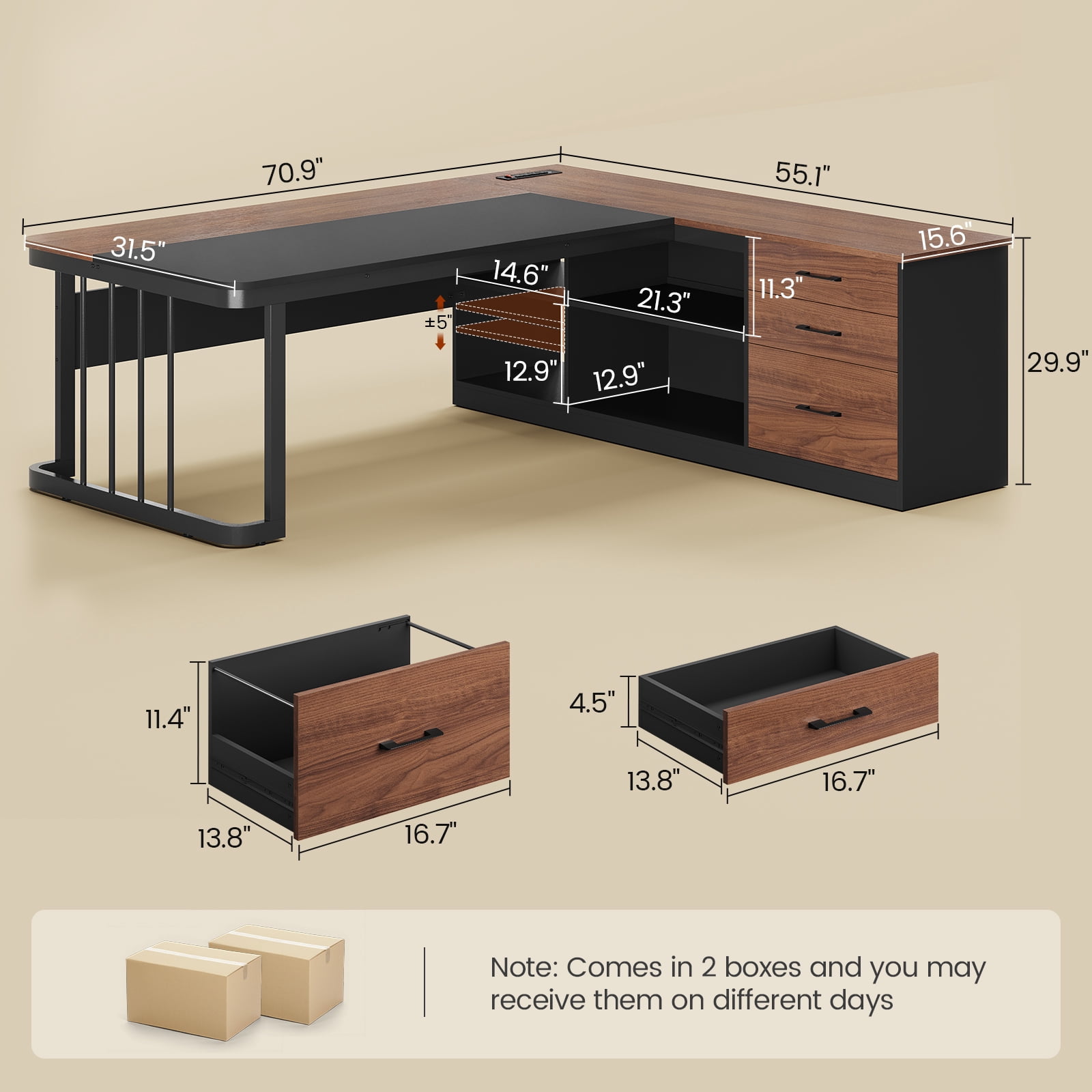 71" Executive Desk, L Shaped Computer Desk with Power Outlets, Corner Office Desk with 3 Drawers, Business Furniture Desk, Walnut