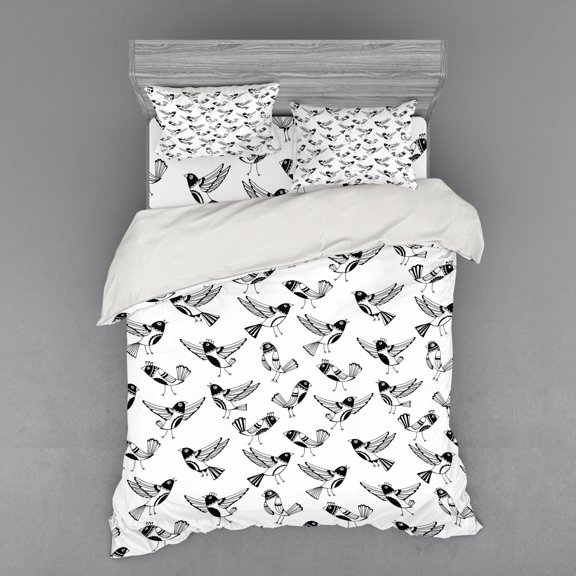 Black and White Duvet Cover Set, Doodle Style Sketch Childrens Cartoon Birds with Funny Curious Expressions, Bedding Set with Shams and Fitted Sheet, 3 Sizes, by Ambesonne