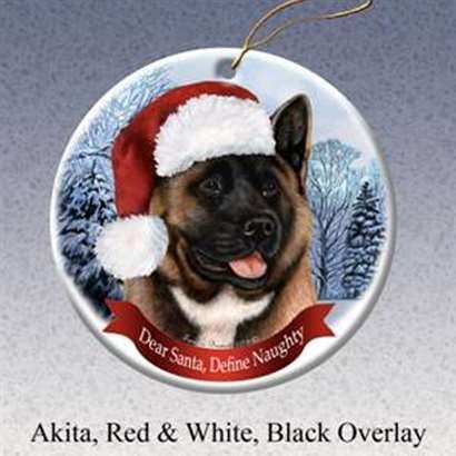 Akita Porcelain - Holiday Pet Gifts Akita (Black & Red) Santa Hat Dog Porcelain Christmas Tree Ornament