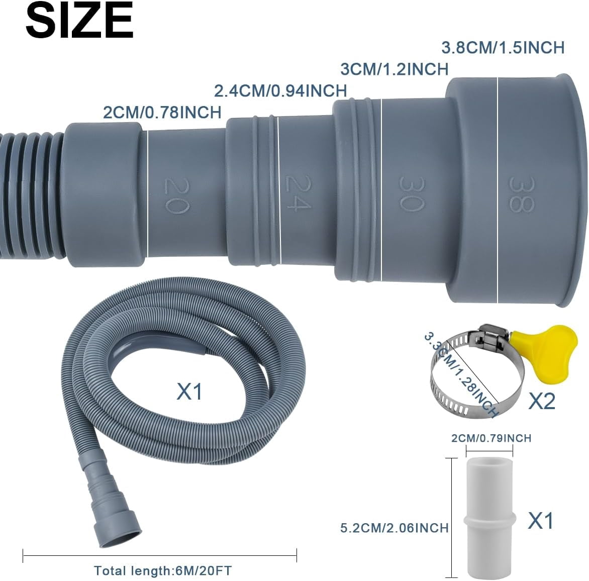 20FT Flexible Corrugated Drain Hose for Washing Machine & Dishwasher Heavy-Duty Extension Hose with Adapter, 2 Clamps & U-Bend Holder