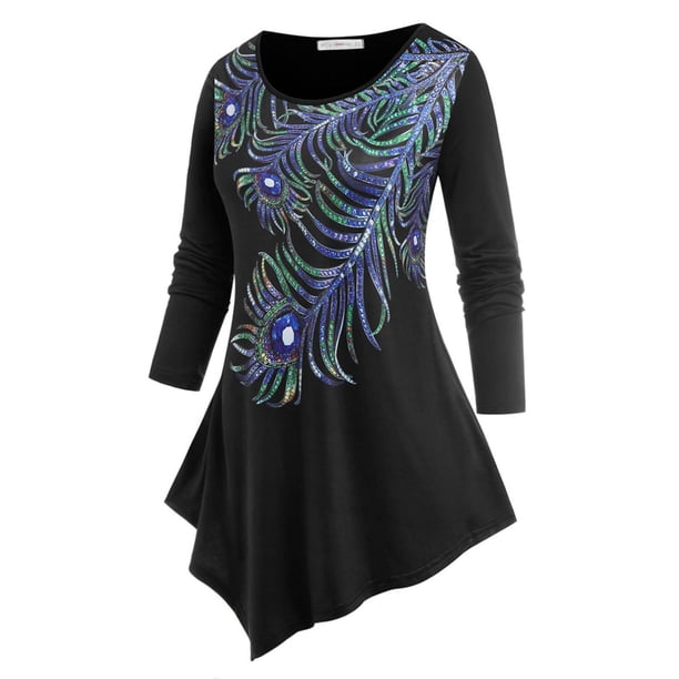 Camiseta Irregular Talla Extra Estampado Pluma Pavo Real Rosegal Mangas largas de talla grande