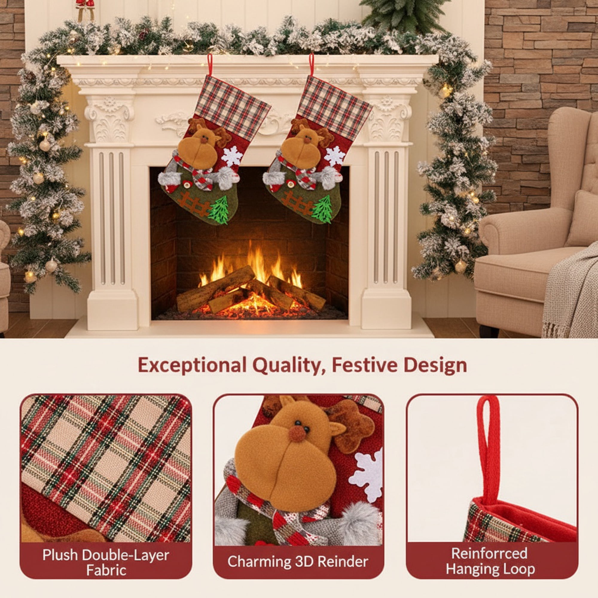 Unique Bargains Playful Cartoon Christmas Stockings Sideboard Rail Accents Deer 12"