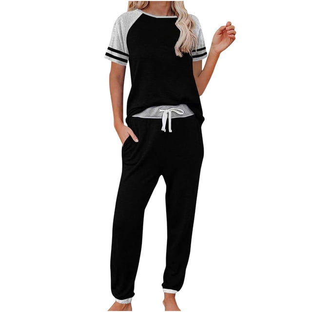 Traje de dos piezas deportivo informal de manga corta con rayas en contraste suelto a la moda para mujer Wmkox8yi bvn2710