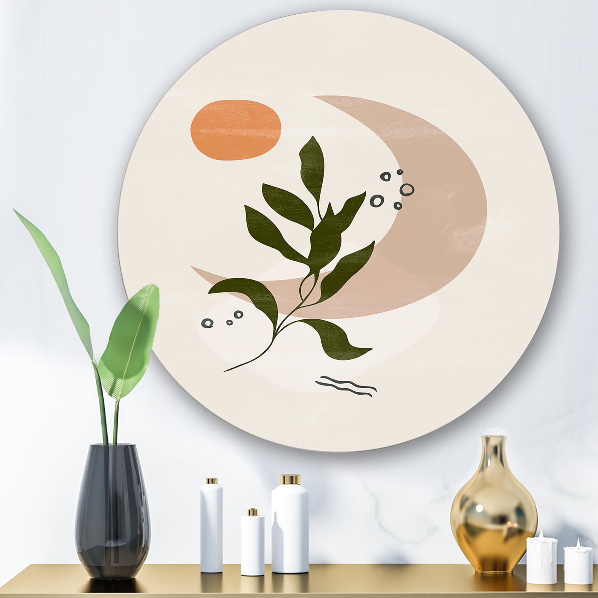 Designart 'Abstract Geometrical Leaf With Moon I' Modern Circle Metal Wall Art 23x23 - Disc of 23