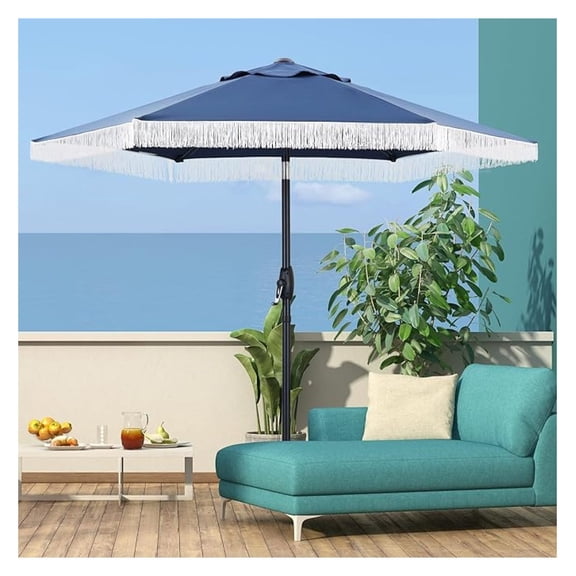 7.5FT Tassel Patio Umbrella Outdoor Table Umbrella, Umbrella with 6 Sturdy Ribs, with Push Button Tilt and Crank for Garden, Lawn, Deck, Backyard & Pool (Dark Blue)
