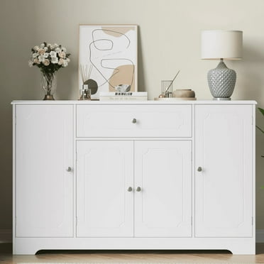 Homfa 47.2" Wood Sideboard with Drawer, 4 Door Buffet Storage Cabinet with Adjustable Shelves for Kitchen Dining Room, White