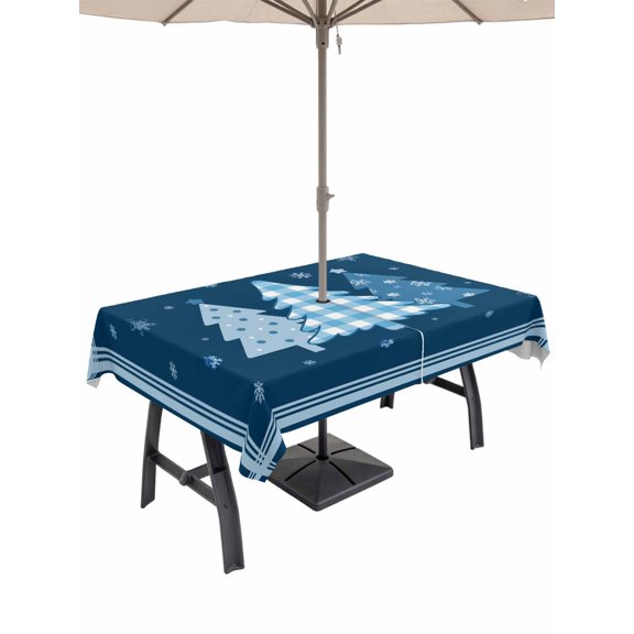 Outdoor Tablecloth with Umbrella Hole and Zipper, Blue Christmas Trees Rectangle Table Cloth 54x80 Inch Waterproof Tablecloth, Navy Winter Snowflakes Retro Plaid Picnic Table Cover for Patio Camping