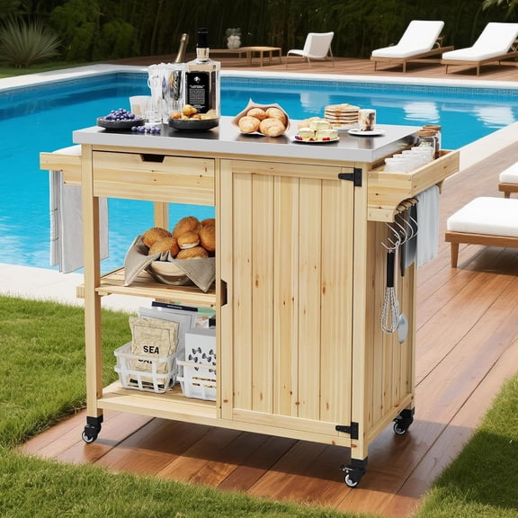 Rugerasy Outdoor Grill Cart & Rolling Kitchen Island with Stainless Steel Top,Storage Cabinet,Drawer,Spice Rack,Open Shelves & Wheels,Portable Patio Bar Cart for BBQ Food Prep,Solid Wood