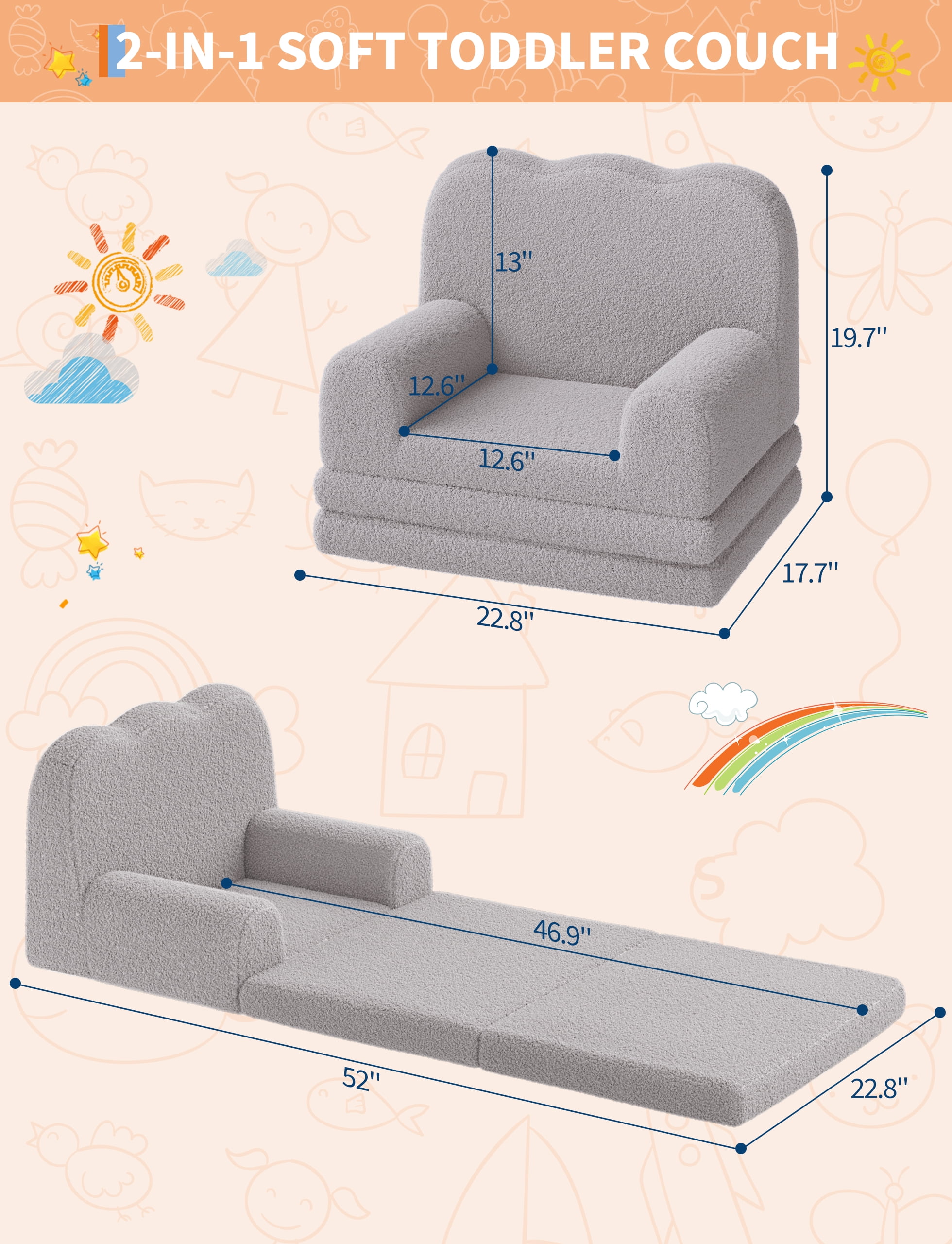 Kids Couch,Convertible to Lounger,2-in-1 Toddler Sofa Chair with Soft Sherpa & High-Density Foam, Foldable Floor Couch Bed for Boys and Girls