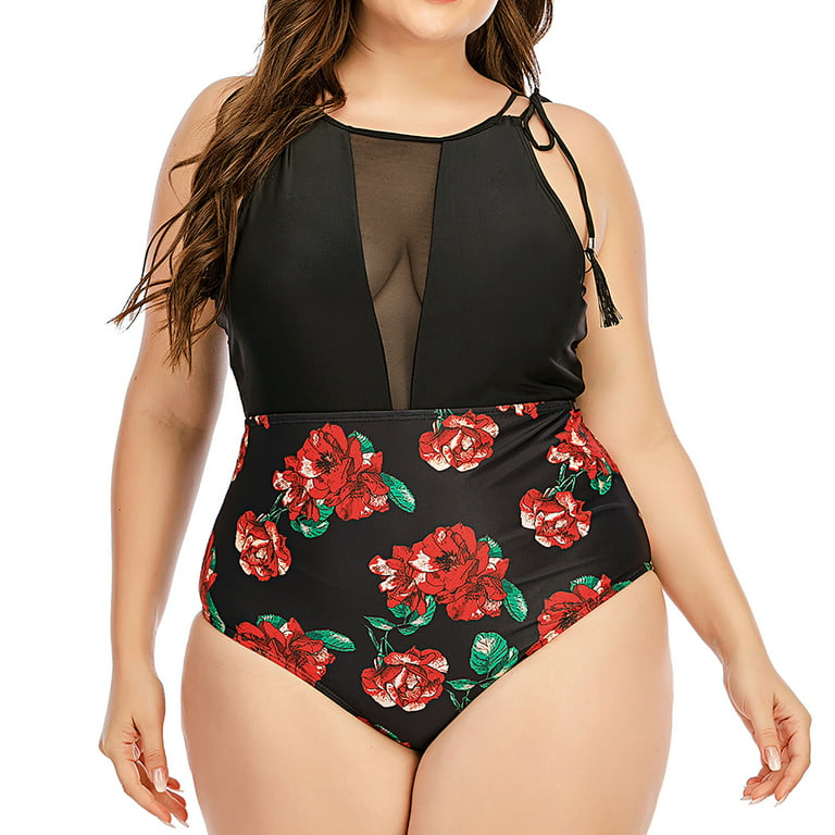 YWDJ Clearance Womens Bathing Suits One Piece Monokini Plus Size Large Bust  Colorblock Mesh Romper Full Coverage Conservative Tummy Control Swimsuits  for Women 40-Black L 