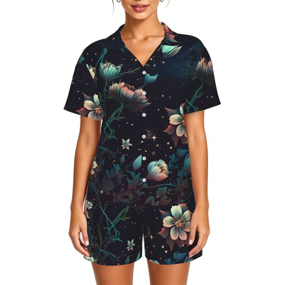 Women's 2-Piece Pajama Set, Short Sleeve Button-Down Top with Pants, Sleepwear Loungewear, Starry Sky Flowers
