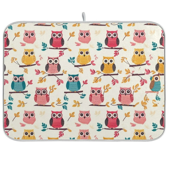 Dish Drying Mat Cute Owls with Leaves Kitchen Mats Microfiber Counter Absorbent Dish Pad Drainer Rack 16"x18"