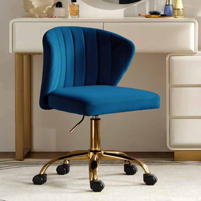 Mobilavenus Blue Velvet Dressing Table Chair Fiore Velvet Upholstered  Brushed Swivel Accent Chair Royal Blue/Gold