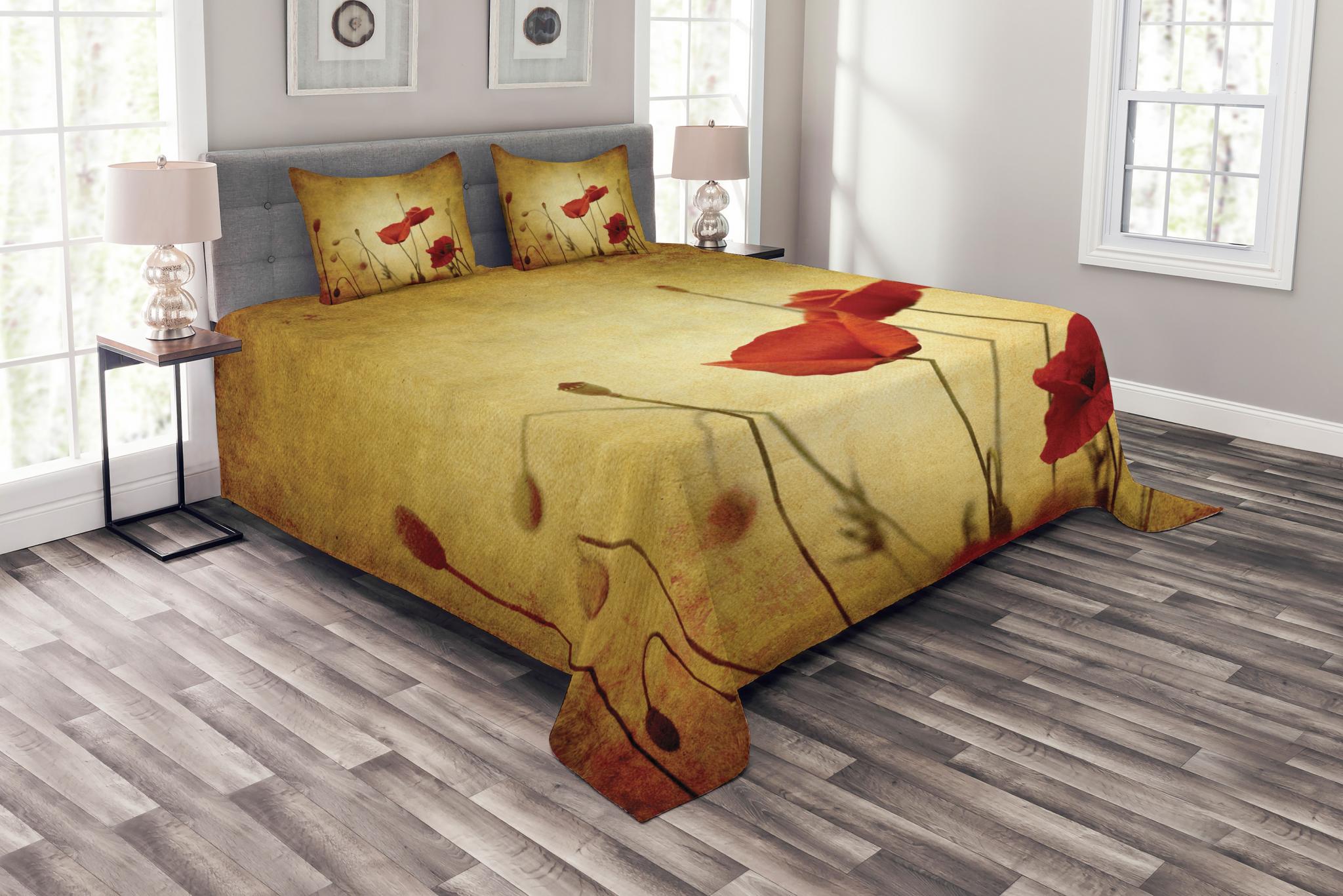 Poppy Bedspread Set Queen Size, Poppies and Flower Buds on Ambient Dark ...