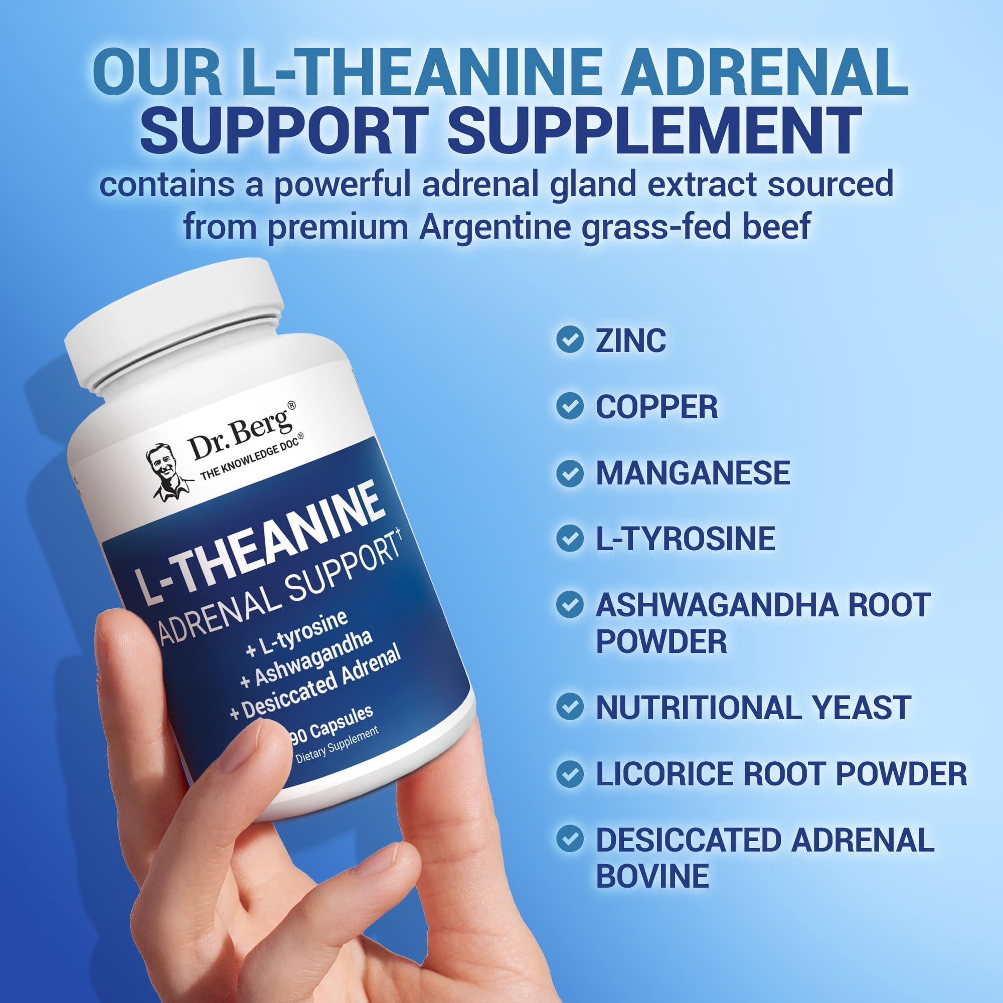 Dr. Berg L-theanine Adrenal Support 200mg – Stress Relief & Sleep Supplement, 90 Capsules