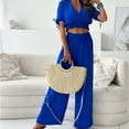 thumbnail image 4 of XuJwPNcy Two Piece Outfit for Women Short Sleeve V Neck Crop Top with Wide Leg Pants Summer Beach Vacation Set, 4 of 6