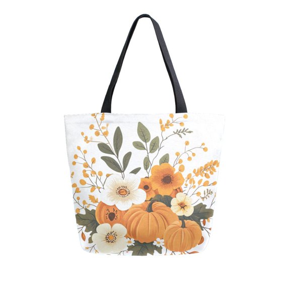 Open Top Canvas Tote Bag with Zipper Reusable Shopping Bag 13.5x15" Roomy Carryall Orange and White Flowers