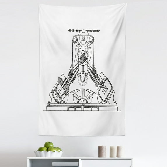 Engineering Theme Tapestry, Antique Vintage Mechanic Machine Inner Structure Sketching, Fabric Wall Hanging Decor for Bedroom Living Room Dorm, 5 Sizes, White Black, by Ambesonne