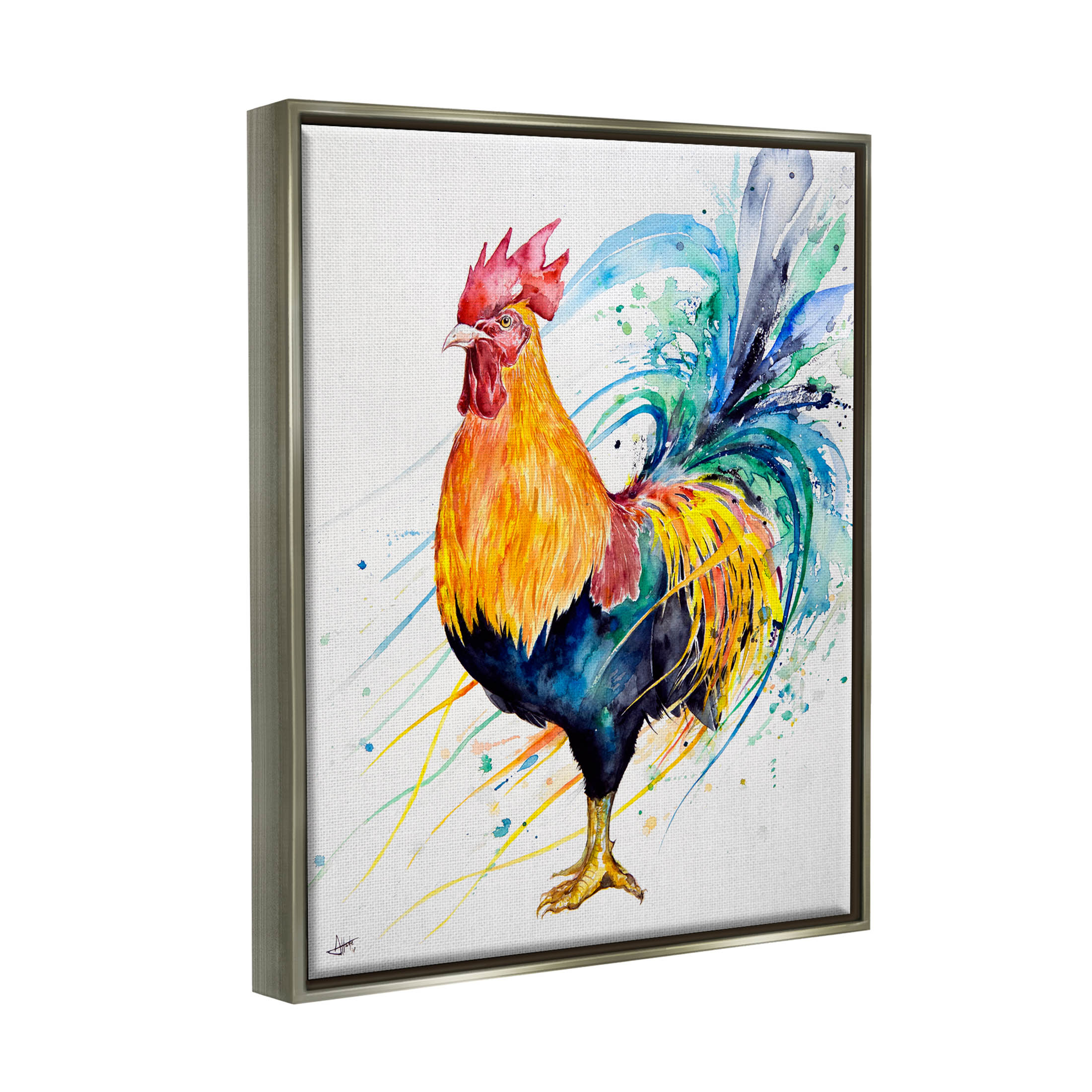 Modern Rooster Rainbow Splatter Animals & Insects Graphic Art Luster Gray Framed Art Print Wall Art