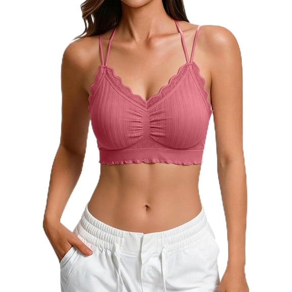 Vdoaml Lace Trim Sports Bras for Women Spaghetti Strap V Neck Crop Tops Ladies Soft Stretchy Yoga Bra One Size Brick Red