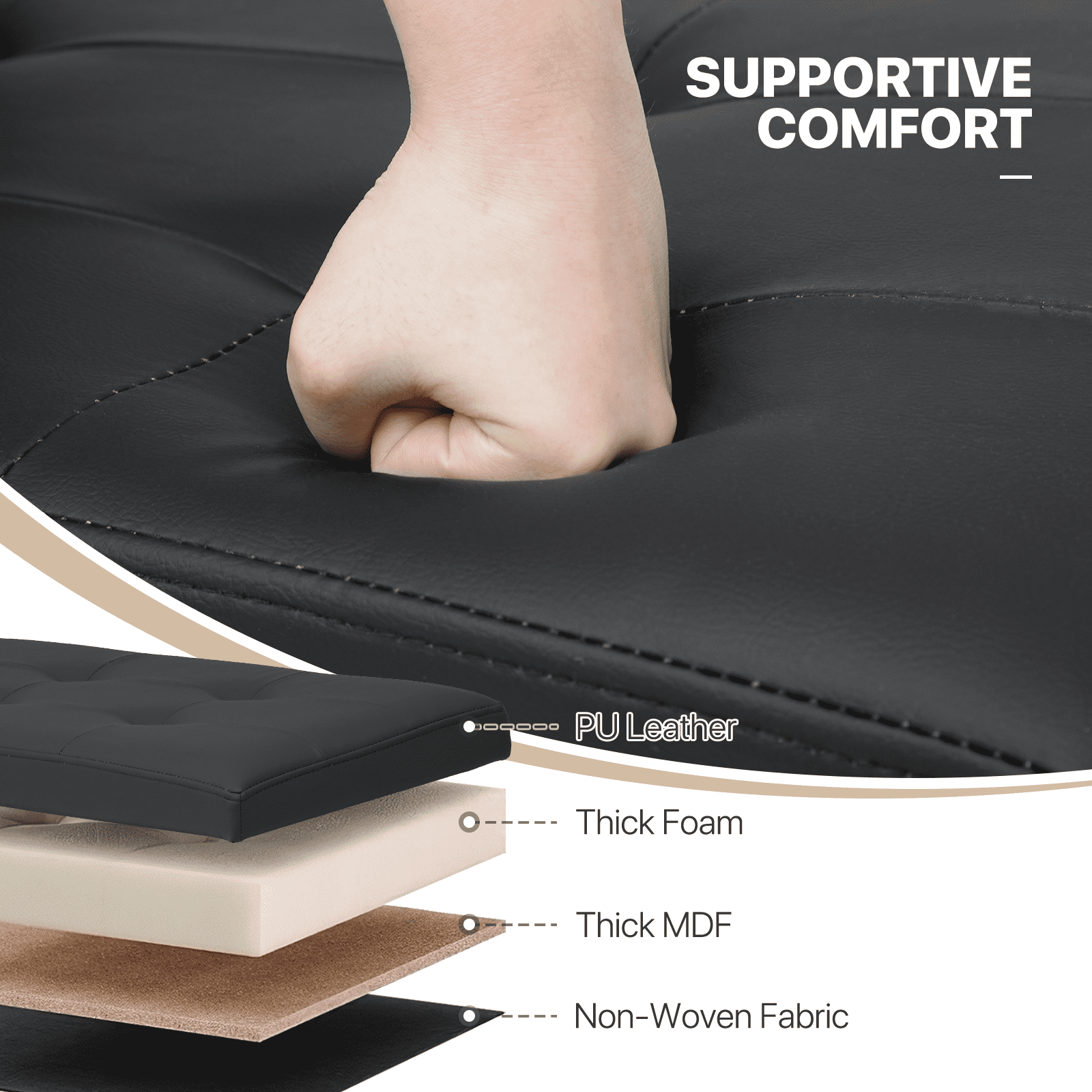 MoNiBloom Footstool Ottoman with Padded Seat, Modern PU Leather Footrest, Rectangular Seat Stool, Black