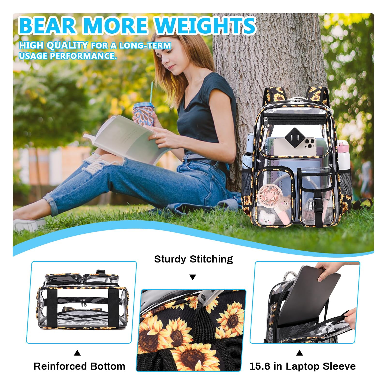 Sanmadrola Large Clear Backpack Heavy Duty Stadium Approved See Through Backpack Waterproof PVC Transparent Backpacks Clear Book Bag with Reinforced Strap for School Work Travel, Black Daisy