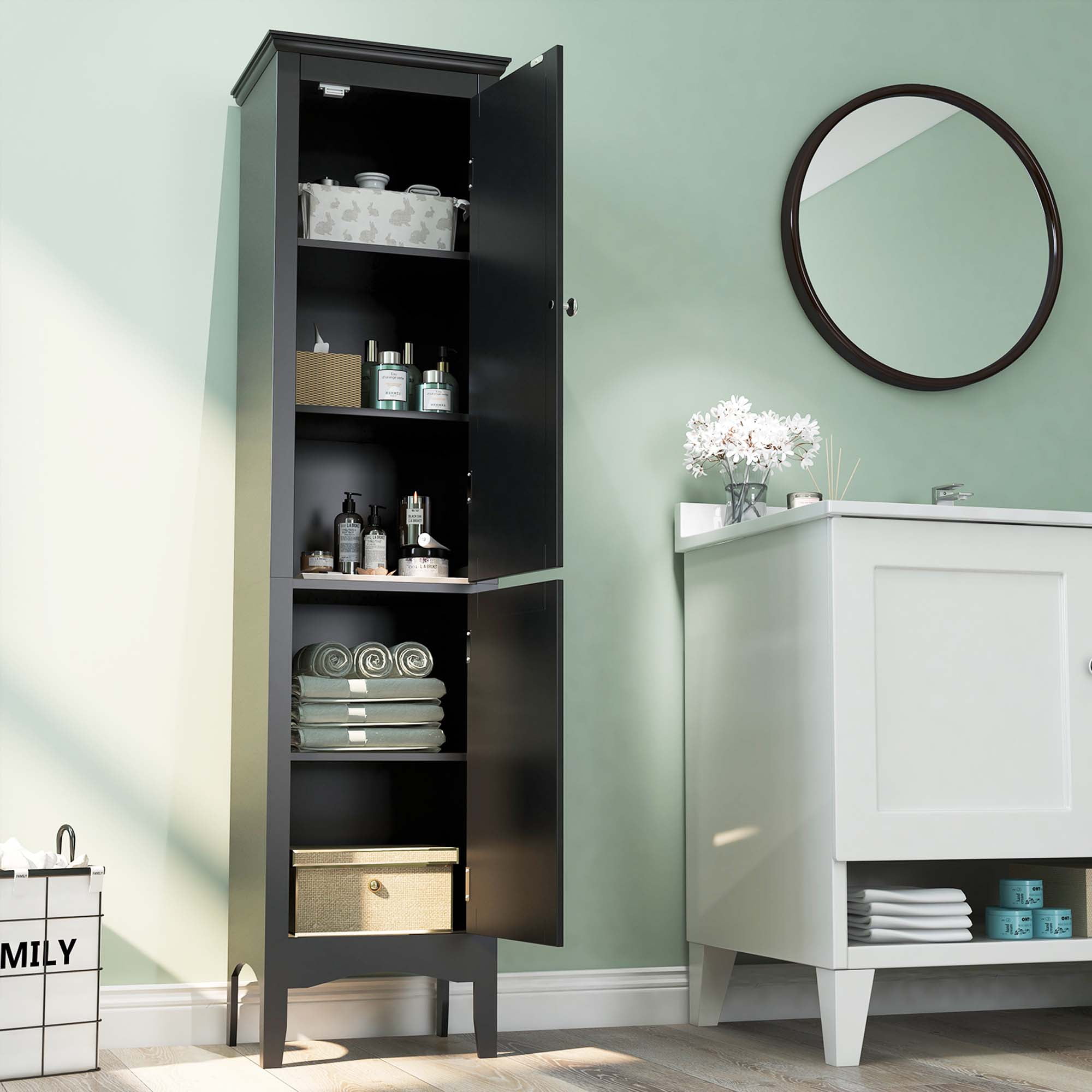 Costway Tall Bathroom Floor Cabinet Narrow Linen Tower with 2 Doors & Adjustable Shelf Black