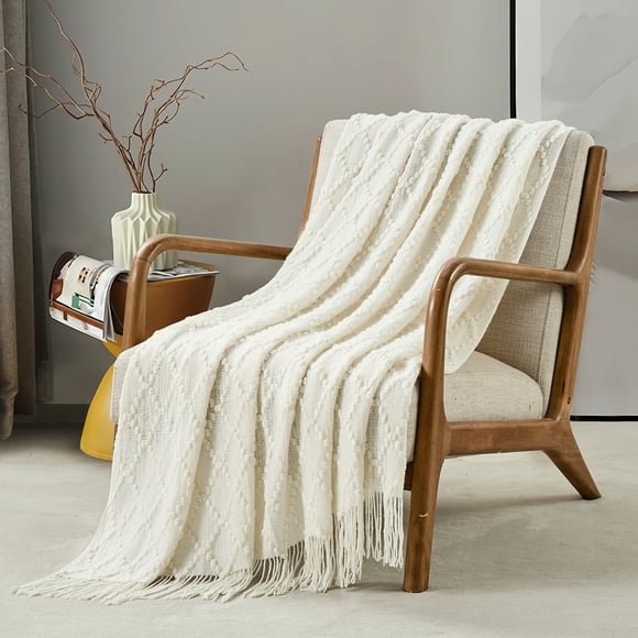 Bourina Rhombus Throw Blanket,Textured Solid Soft Throws for Sofa or Bed Knitted Decorative 50*70 inches,White for Adults