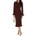 thumbnail image 2 of Womens V Neck Bodycon Sweater Dress Long Sleeve Half Button Slim Fitted Ruffle Ribbed Knit Maxi Pencil Dress Brown M, 2 of 9