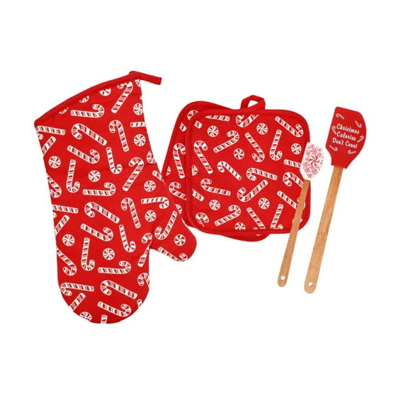 Christmas Kitchen Set with Candy Cane Pattern, 5-Piece Holiday Baking Set with Pot Holders, Oven Mitt, Silicone Spatulas, Heat Resistant Red and White Décor